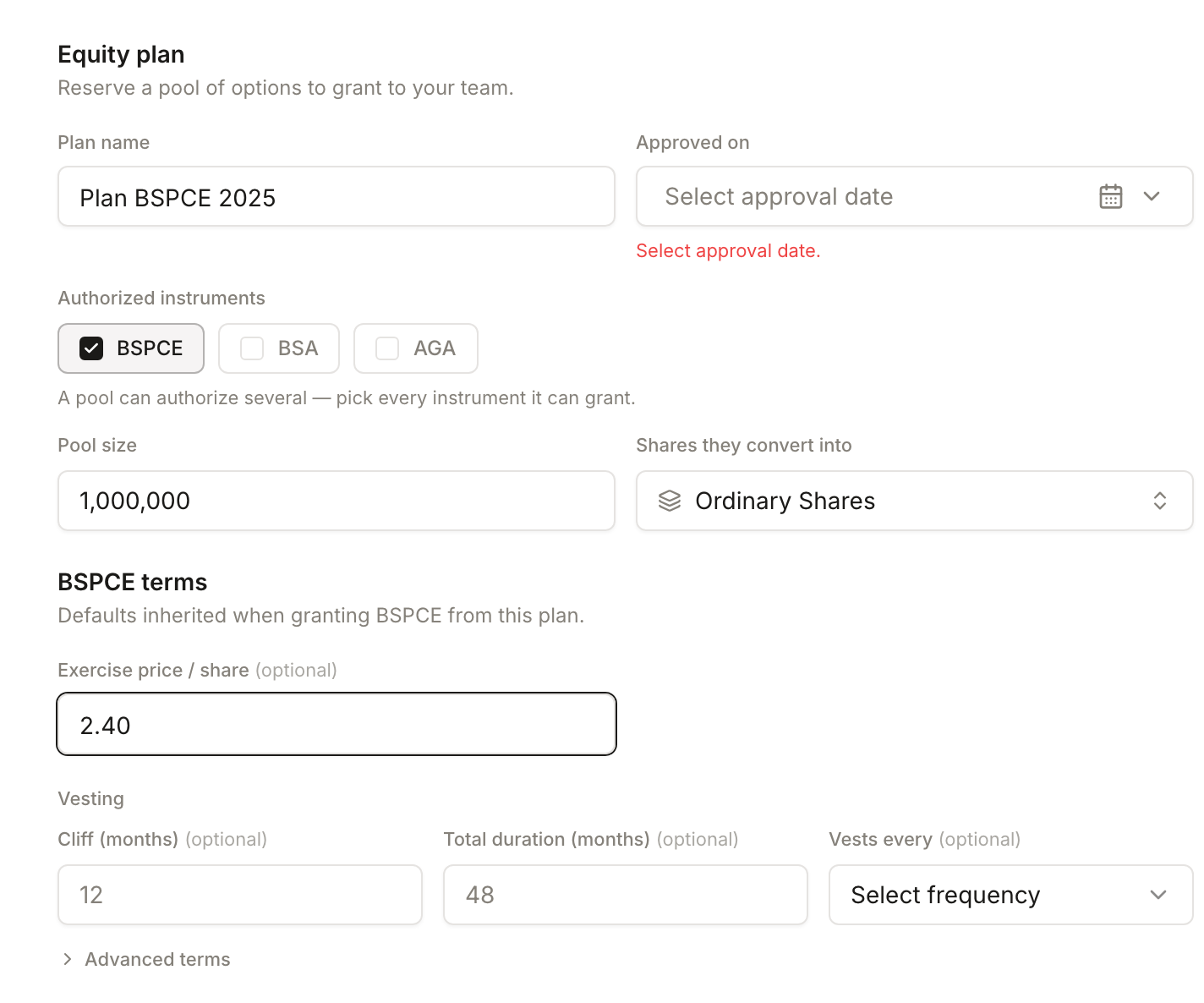 Le plan BSPCE dans Regicap : nom du plan, instruments autorisés, taille du pool, prix d'exercice et vesting